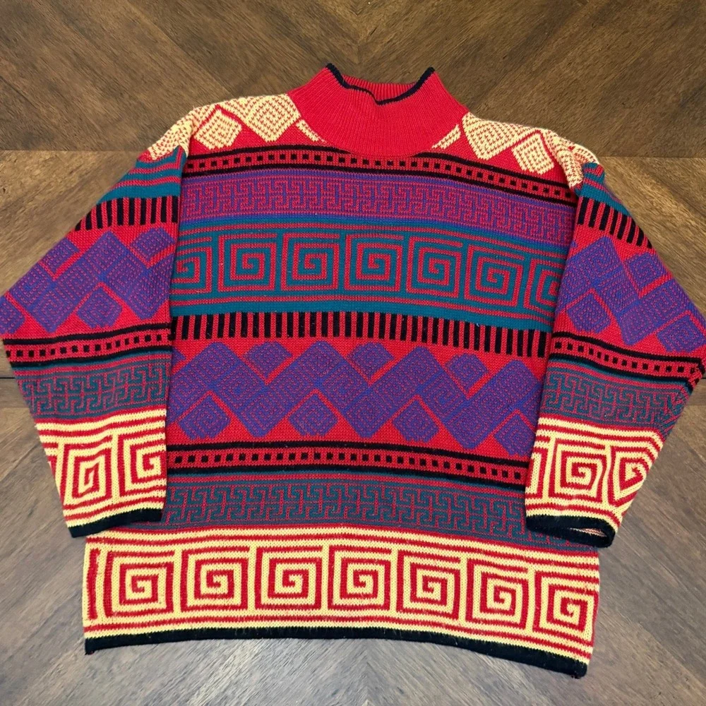 Vintage Michael Carrie Geometric Greek Key Knit Sweater Red Multi Color Mens M